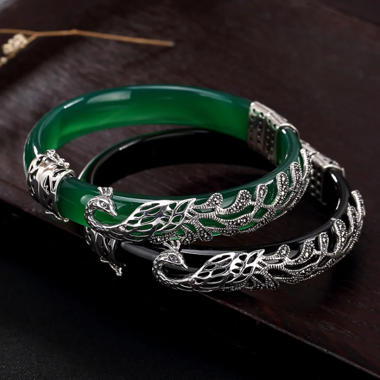 Hand-carved 925 sterling silver peacock green chalcedony retro high-grade for women bangle inlaid Thai silver opening bracelet