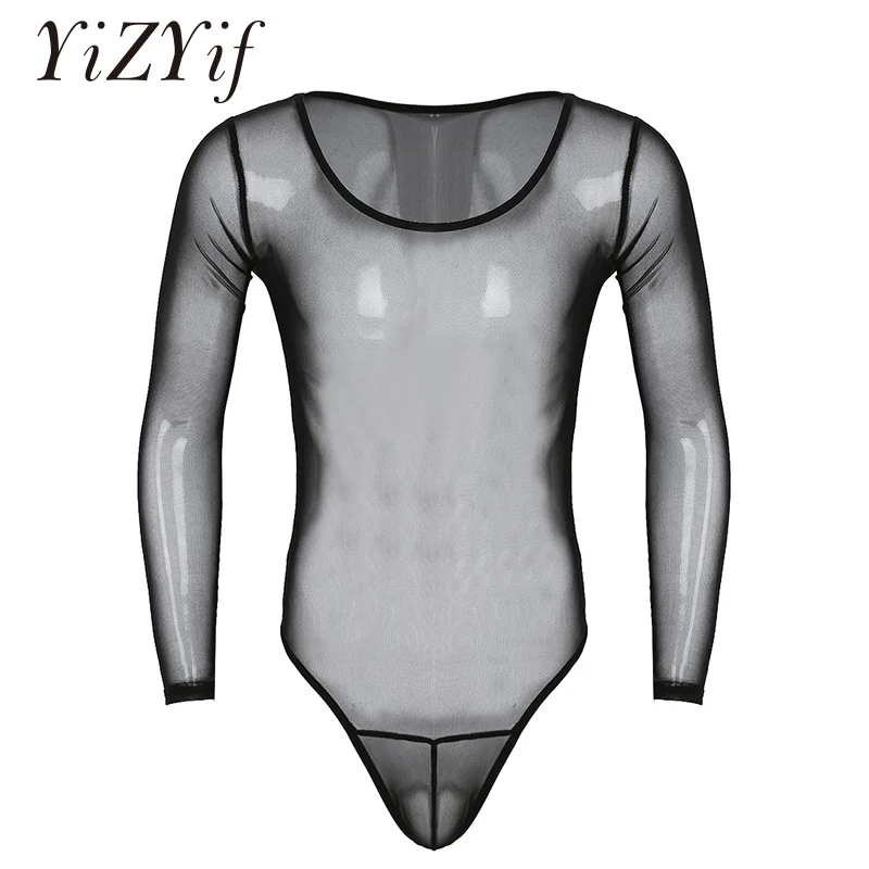 Mens See Through Underwear Mesh transparent thong Bodysuit Jumpsuit Long Sleeve Scoop Neck High Cut Bodysuit Lingerie Nightwear