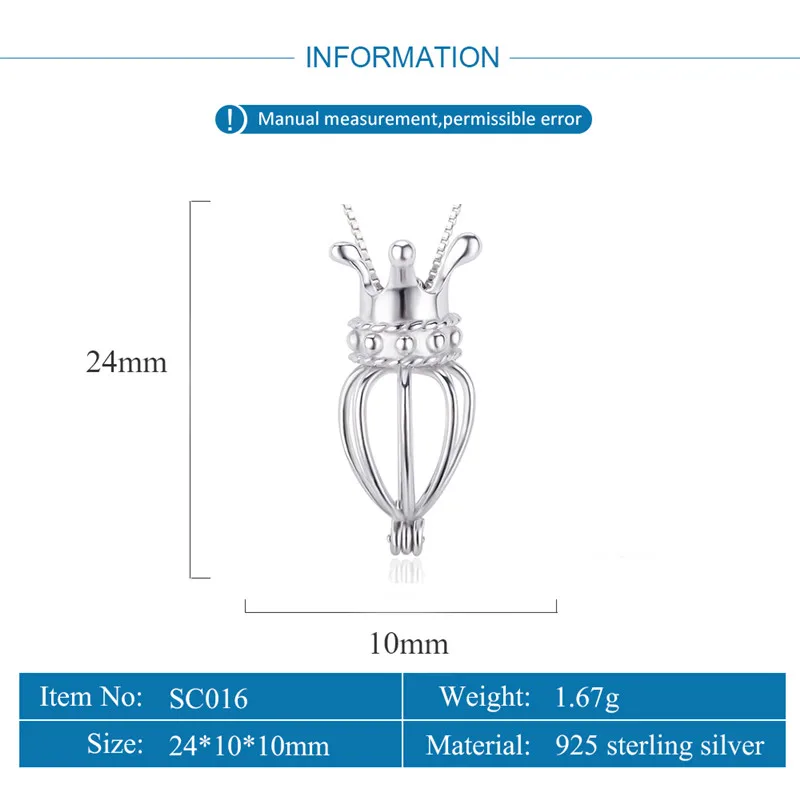 CLUCI 925 Sterling Silver Crown Shaped Cage Pendant for Necklace Jewelry Women Fairy Tale Silver 925 Pearl Cage Locket SC016SB