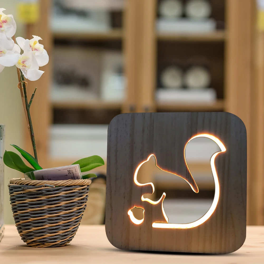 Squirrel Shape Night Light Wood Solid Wood Night Light Hollow Carving Night Light Room Decoration Decoration Atmosphere Lamp