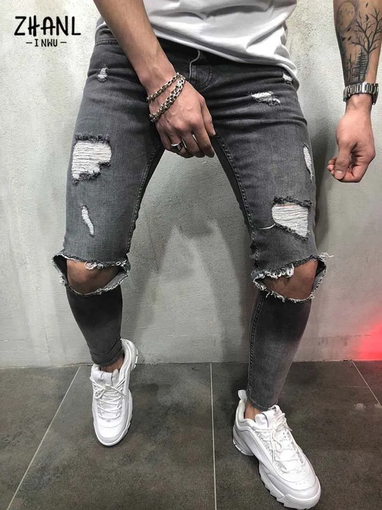 Calças de brim rasgadas gótico do punk dos homens do vintage da forma quebrada calças casuais streetwear calças de estiramento feitas sob encomenda dos homens do hip hop