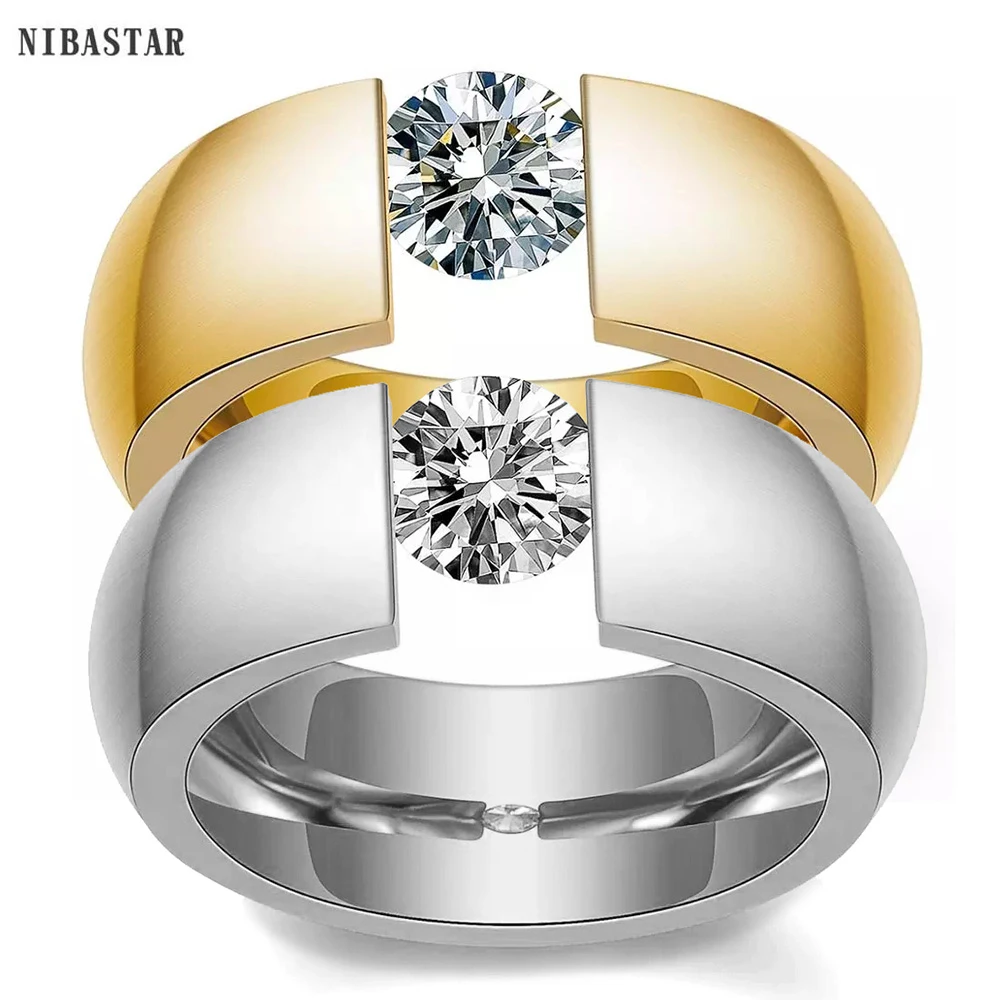 NIBASTAR Inlaid Zircon Heavy Ring For Women Stainless Steel Finger Jewelry For Lady Engagement Wedding Rings