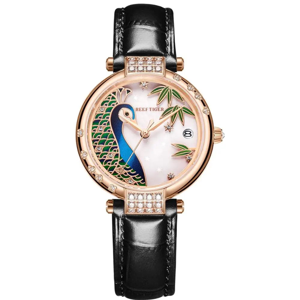 Reloj Automático de lujo de oro rosa - Reef Tiger RT Top Brand Day Date Function Moda Mujer Correa de cuero RGA1587