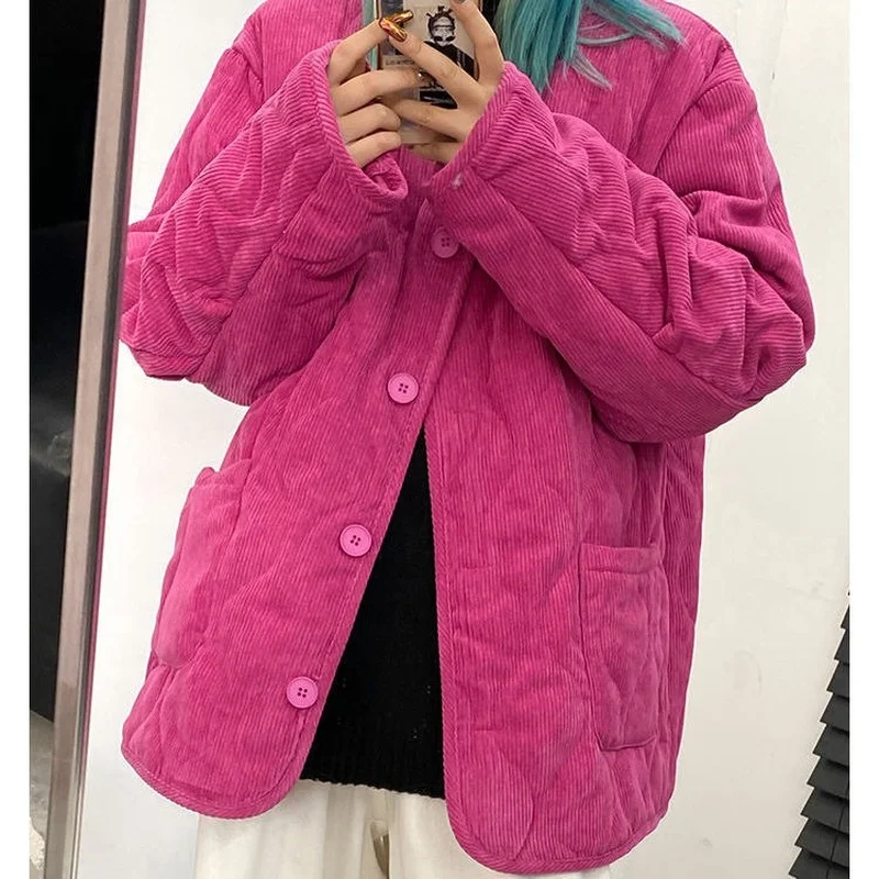 

Short Style Parkas Women Corduroy Winter Coat Famale Loose New Thicken Ins Korean Vintage Solid Warm Simple Casual Streetwear