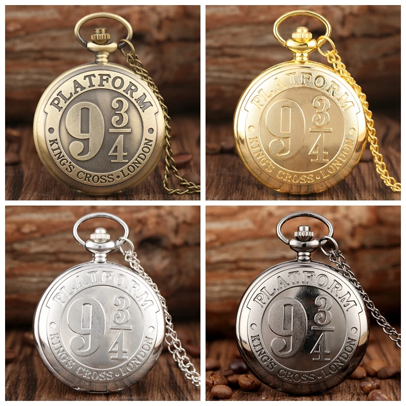 Retro Platform 9 3/4 King's Cross London Quartz Pocket Watch Bronze Extension Magic School Necklace Pendant Antique Clock Gifts