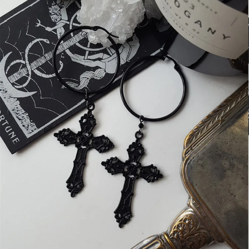 Gothic Black Cross Hoops Earrings Witchy Alternative Goth Victorian Medieval Witchy Punk Statement Gorgeous Jewelry Women Gift