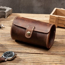 Round Watch Storage Box Soft Wrinkle Genuine Leather Couple Watch Storage Case Necklace Cabinets Cases