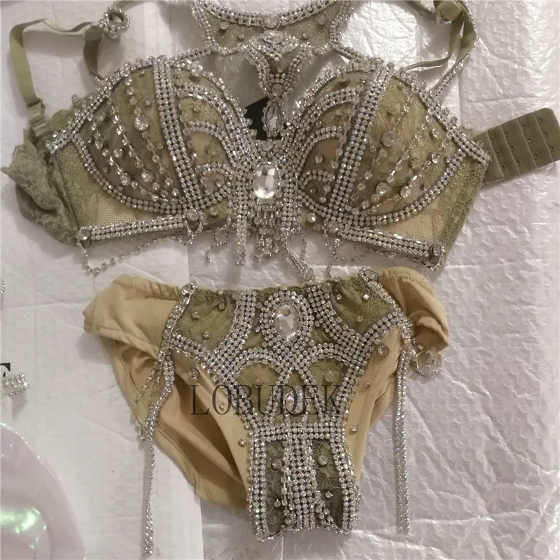 섹시 나이트클럽 DJ 폴댄스 비키니 의상 실버 라인스톤 체인 브라 쇼츠 스커트 레이브 의상 페스티벌 의류