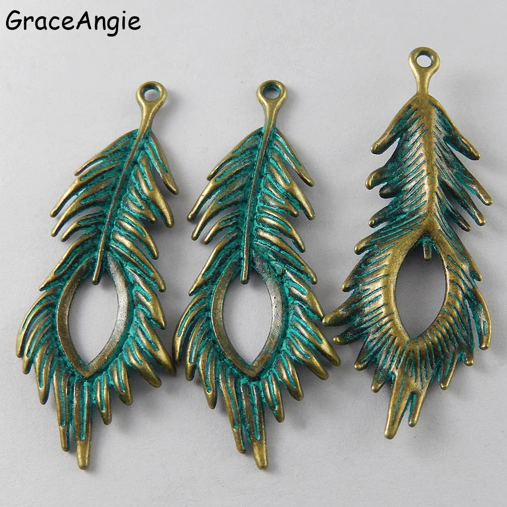 5pcs Patina Feather Charms 71*27*4mm Vintage Jewelry Findings Big long Bohemia Earrings Accessories Green Metal Charms