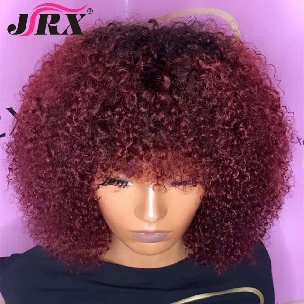 Kinky Curly Human Hair Wigs with Bangs 1B/99J Colored Malaysian Curly Full Machine Made Wigs For Women Ombre Burgundy Remy Hair