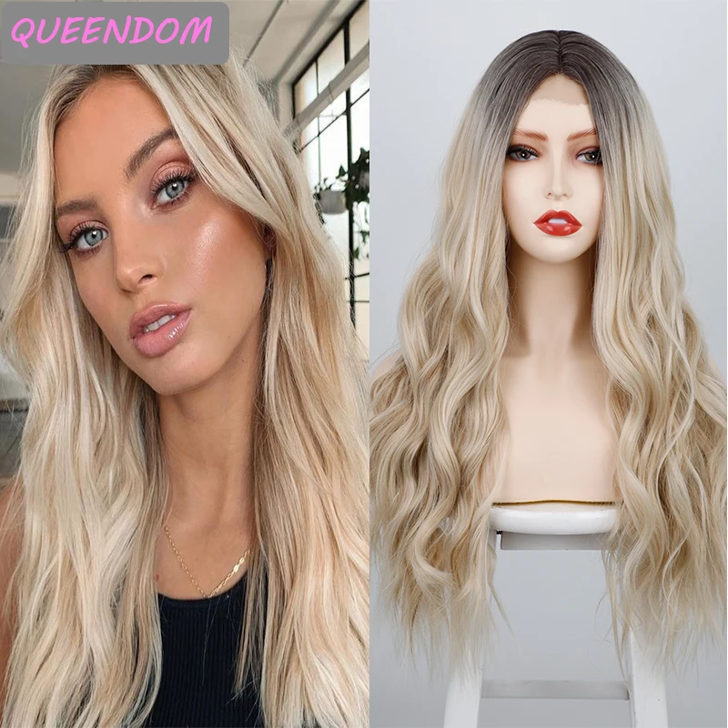 Ash Blonde Wavy Synthetic Lace Wig 24'' Long Water Wave Lace Wigs African American Heat Resistant Natural Curly Hair Wig Cosplay