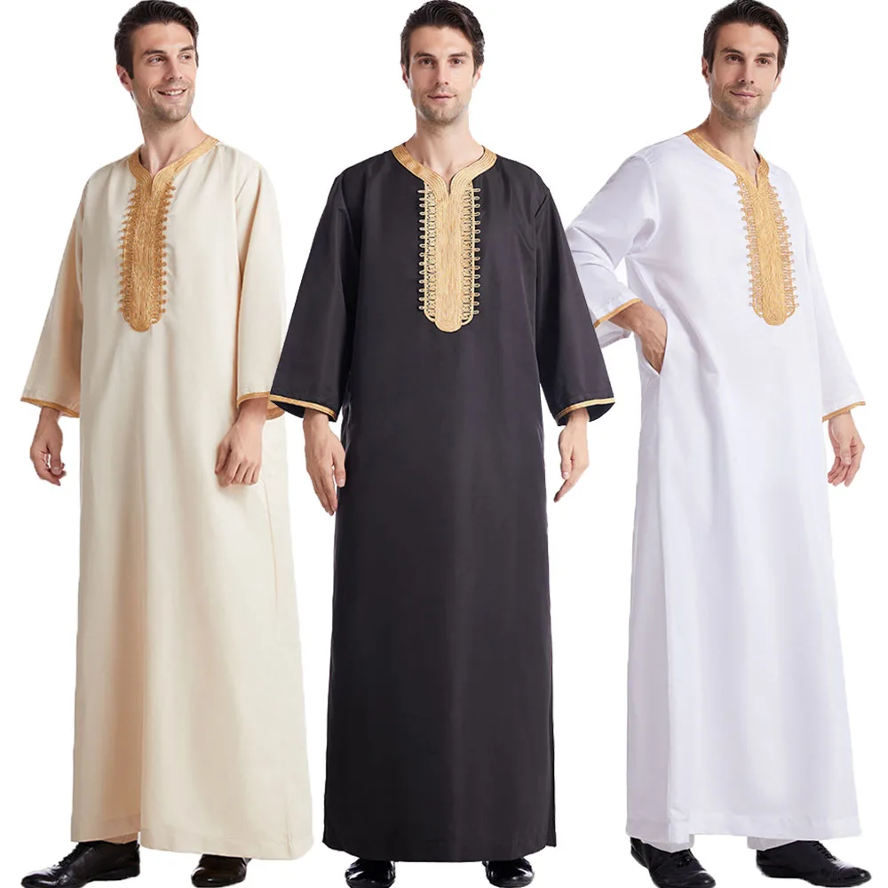 

Muslim Men Jubba Thobe Solid Color Breathable Embroidery Long Robes Gown Islamic Arabic Kaftan Abaya Middle East Dubai Pakistani