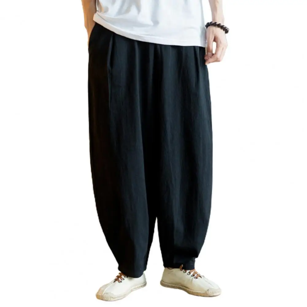 

Solid Color Full-length Straight Elastic Waist Pockets Men Harem Pants Sweatpants for Sports