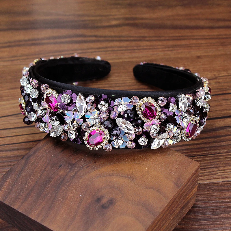 Handmade Full Black Fuchsia Crystal Beads Bridal Headbands Sequins Diamante Hairbands Boho Hair Accessories For Women Wedding