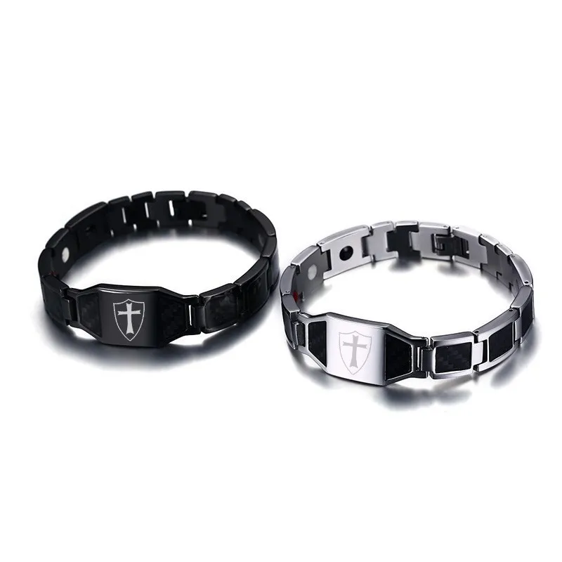 Stylish Carbon Fiber Knights Templar Shield Bio Energy Bracelets for Men Cross Faith Therapy