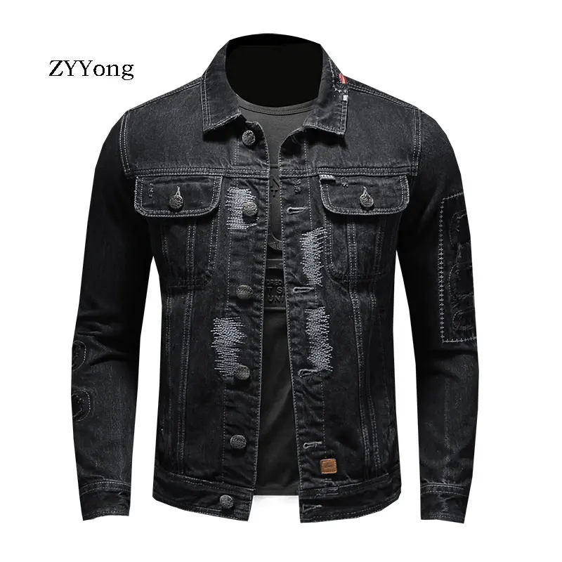 Retro European Style Bomber Pilot Tattered Patch Ripped Jean Jacket Men Denim Coat Motorcycle Casual Outwear Clothing Overcoat