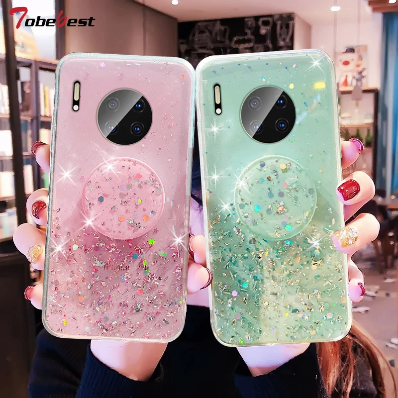 Bling Glitter Silver Foil Phone holder Case For Huawei Mate 40 30 20 10 Lite Pro Plus 9 Transparent Soft Silicone Stand Cover