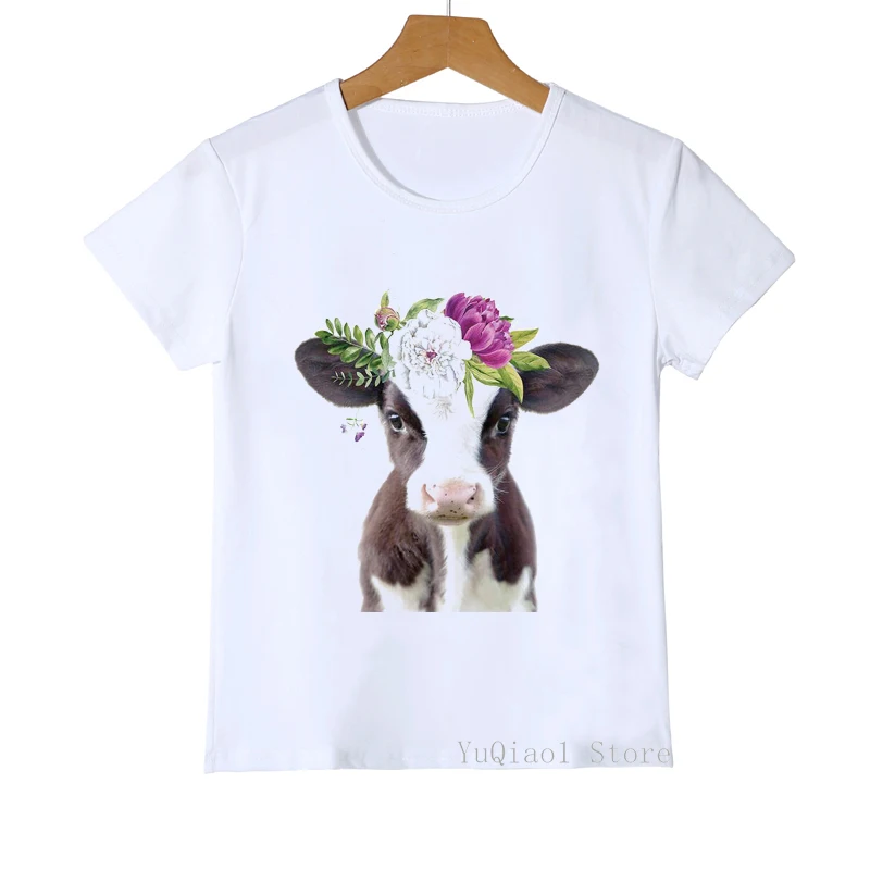 

Cute Floral Cow/Giraffe Animal Print Kids Tshirt White Summer Lovely Baby Toddler Girl T-Shirt Unisex Top Tee Children's Clothes