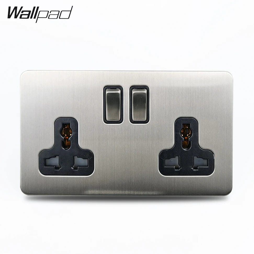 H6 Brushed Silver Chrome Satin Stainless Steel Panel BS1363 Double Universal Switched Wall Socket 16A Power Outlet