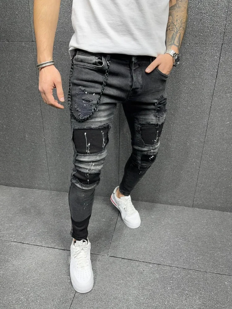 Jeans Skinny strappati da uomo Biker pantaloni a matita Slim Fit neri di alta qualità in difficoltà pantaloni in Denim con cerniera locomotiva