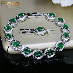 Pera High Quality Full Big Round Connected Created Green Stone Women Link Chain Bracelets Jewelry With White Gold Color B094