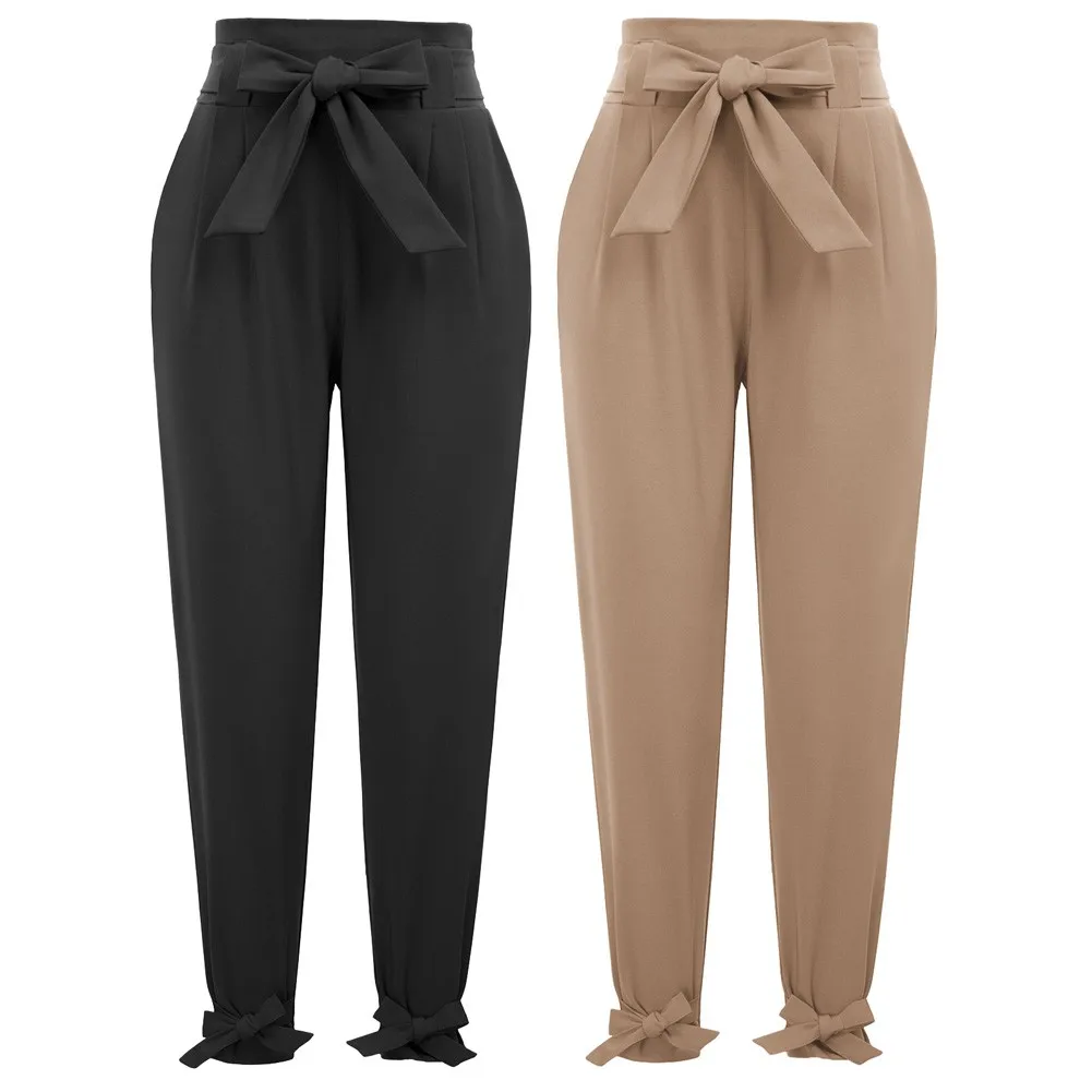 GK Women High Waist Capri Pants With Bow-Knot 2pcs-Pack Casual Cropped Pants Ankle-length Solid Seamless Leggings Office Lady