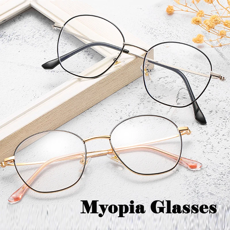 Retro Oval Rim Anti Blue Light Myopia Glasses Women Flat Glasses Computer Optical Goggles Fashion Metal gold Diopter -0.5 to 6.0