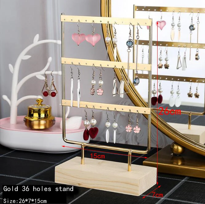 New Fashion Earrings Stand Jewelry Display Earrings Holder Jewellery Storage Wooden Base Metal Ear Studs Pendant Rack