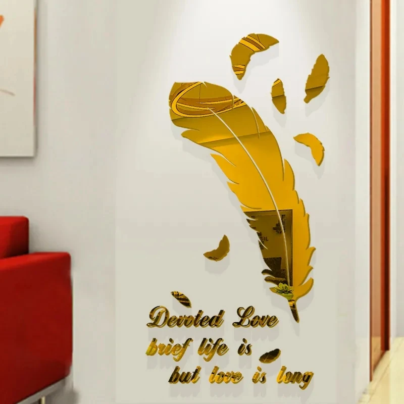 Golden Feather Letters Family Decoration Wall Stickers Background Wall Layout 3d Mirror Decals Arcylic Wallpapers For Bedroom De