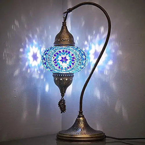 

LaModaHome Handmade Turkish Moroccan Colorful Mosaic Glass Antique Table Bedside Lamp Lampshade, 18.8 "(Ocean)