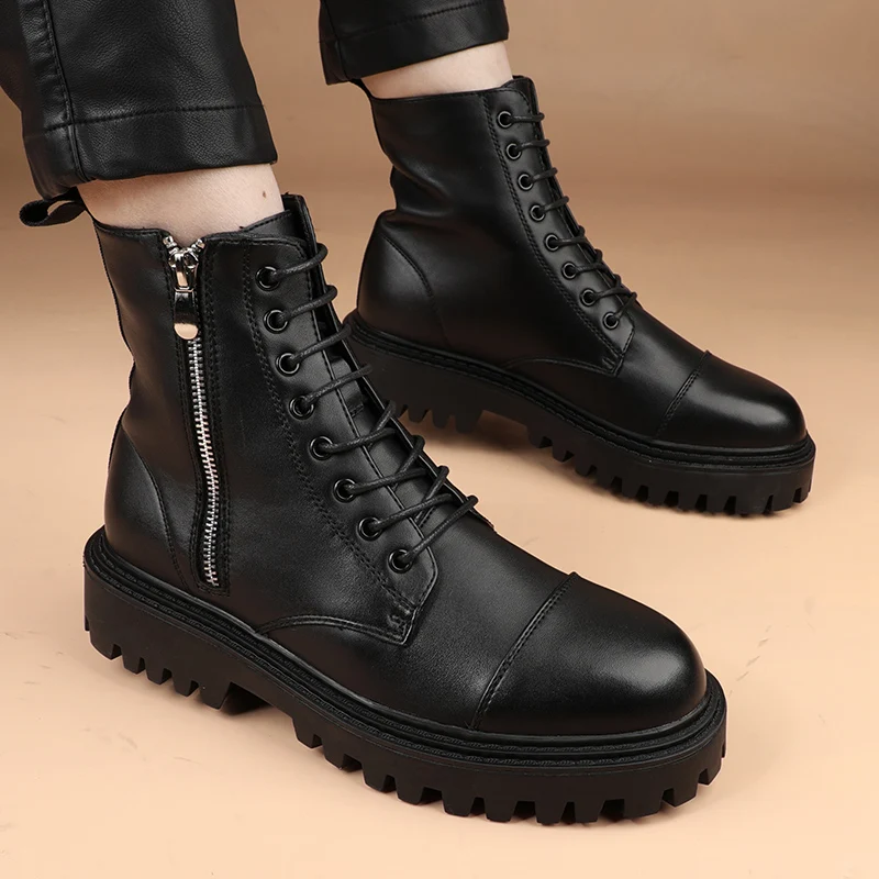 British style men fashion genuine leather boots black breathable platform shoes spring autumn cowboy boot ankle botas masculinas