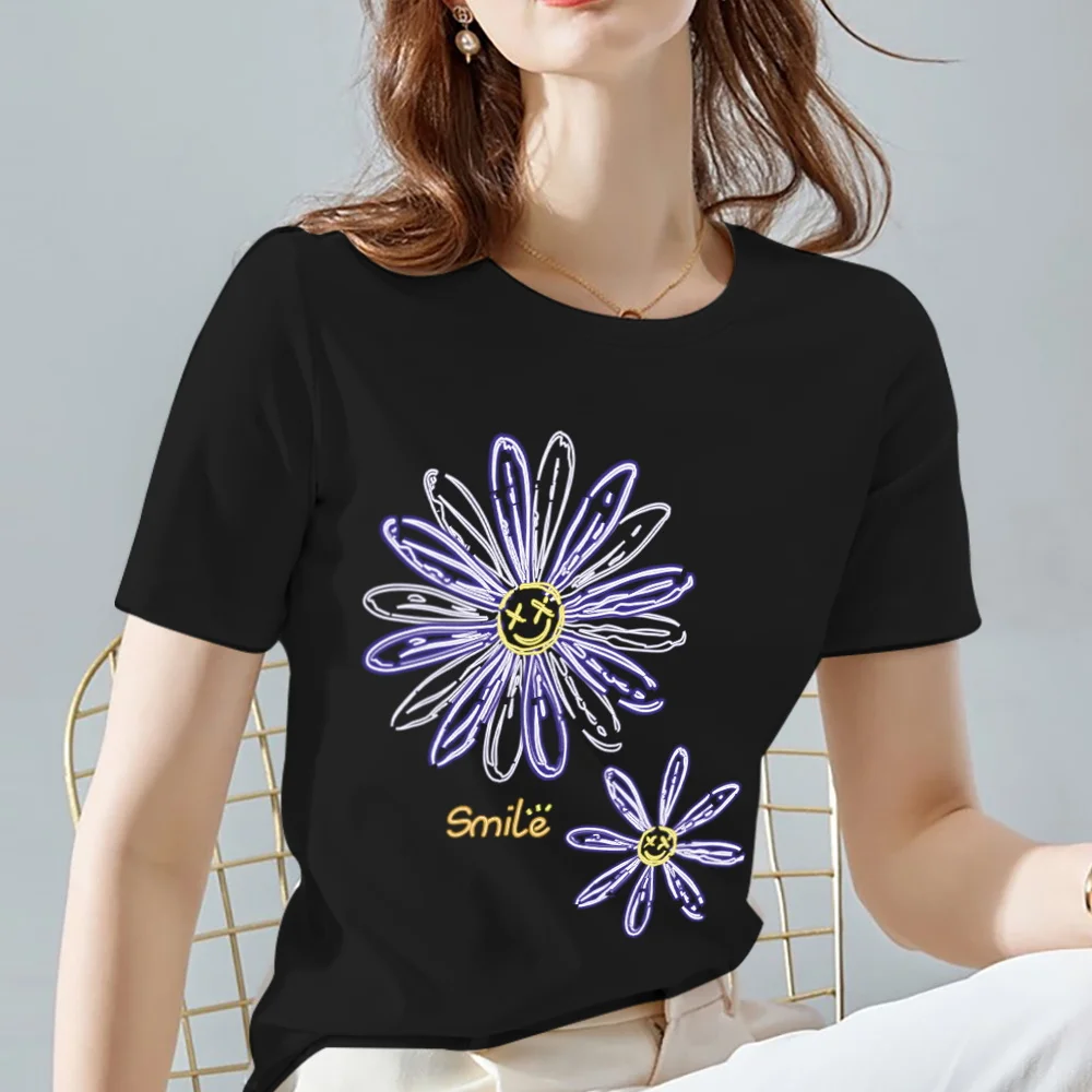 Tshirts Women Daisy Pattern Print Series O-neck Basis Tee High Quality Soft Black Short Sleeve Tops Casual Women's Clothes