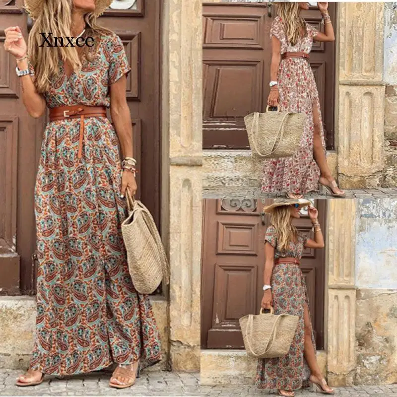 Boho Women V Neck Short Sleeve Paisley Print Belt Large Hem Beach Long Dress Print Dress Summer Beach Dress with Belt Clothing