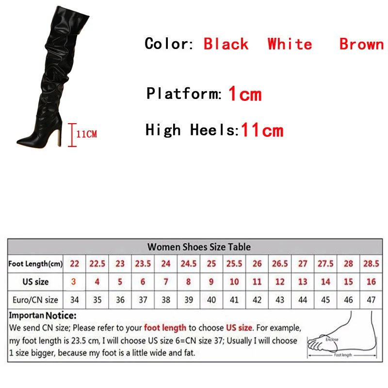 Liyke Fashion Design Pleated Leather Over The Knee Boots Sexy Pointed Toe Zip White High Heels Autumn Winter Women Shoes