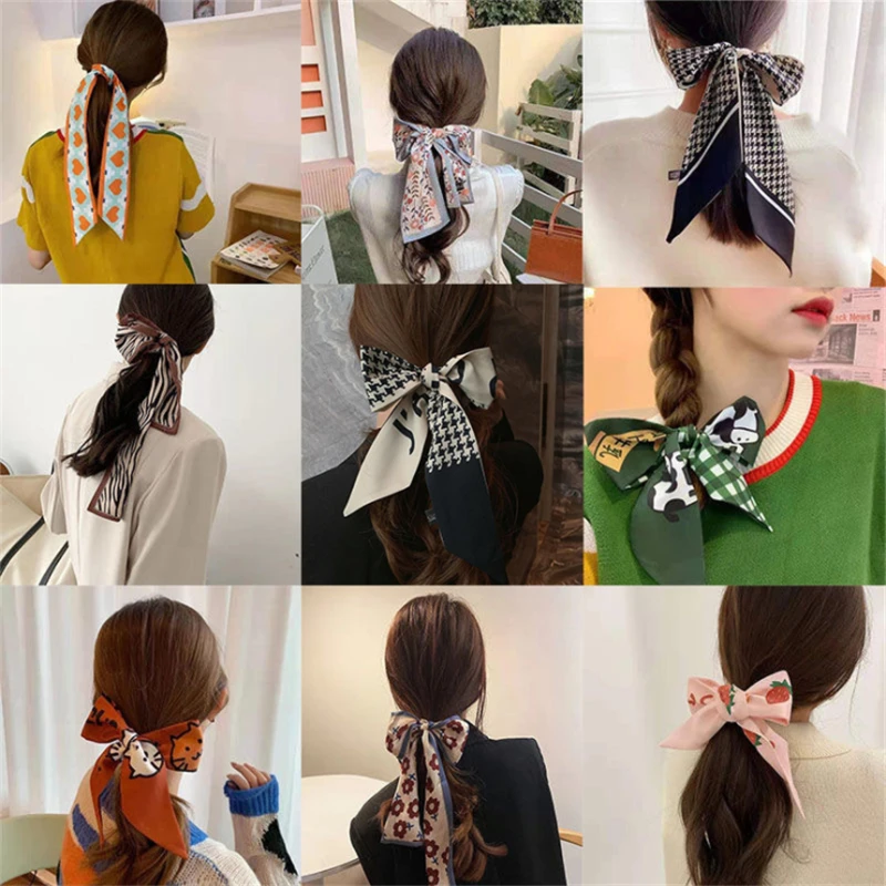 Silk scarf headband female tying hair retro ribbon head rope bow knot headdress tie hair jewelry rubber band female hair ring