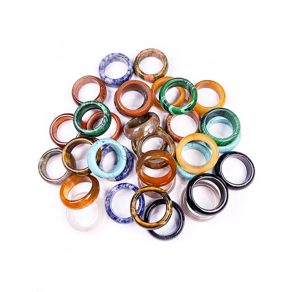5PCS Natural Stone Rings Jewelry Agates Rose Quartaz Stone Rings Trendy Gift for Women Girlfriend 8mm Width