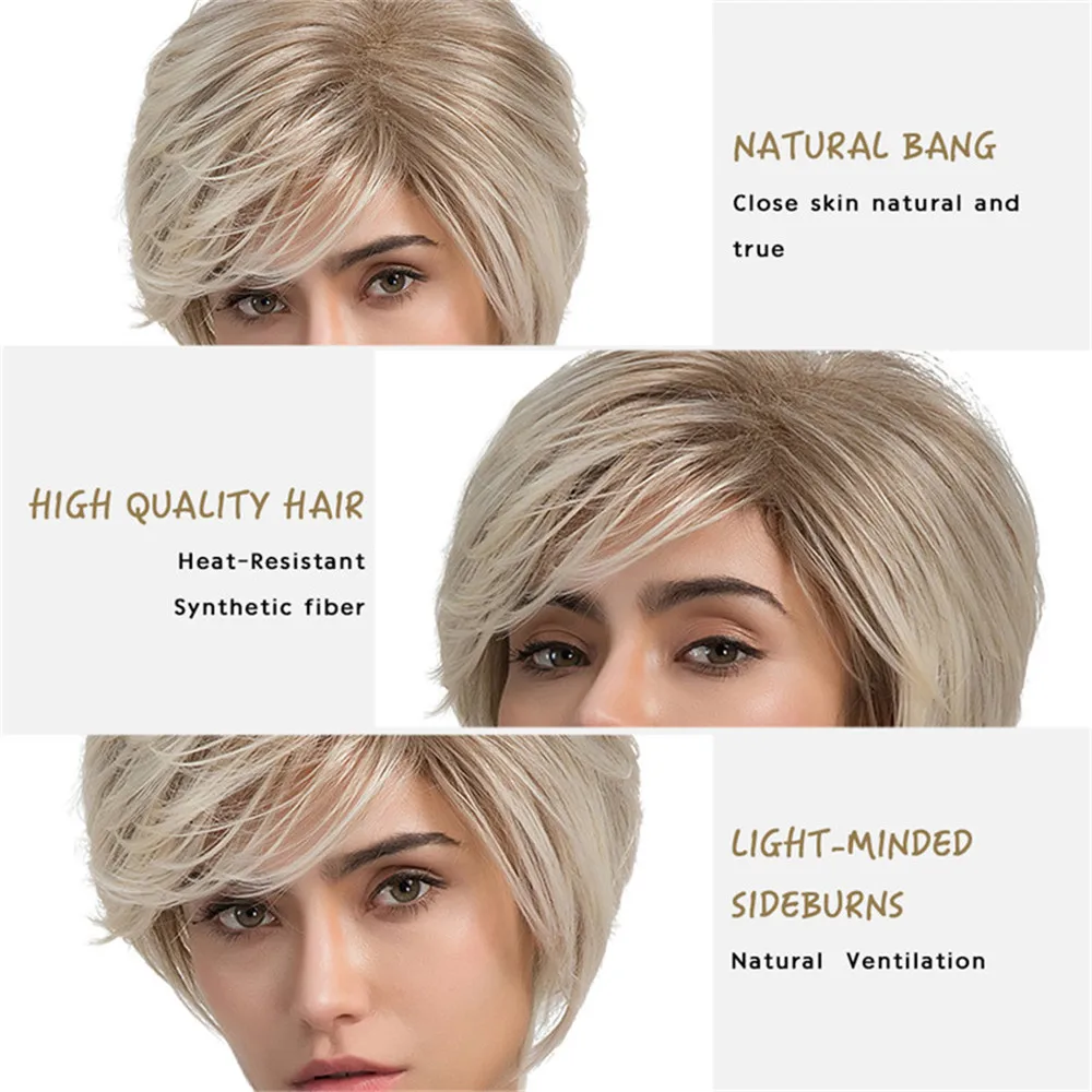 Element Short Straight Ombre Light Brown to Blonde Color Synthetic Pixie Cut Wigs for White/Black Women Daily Wear