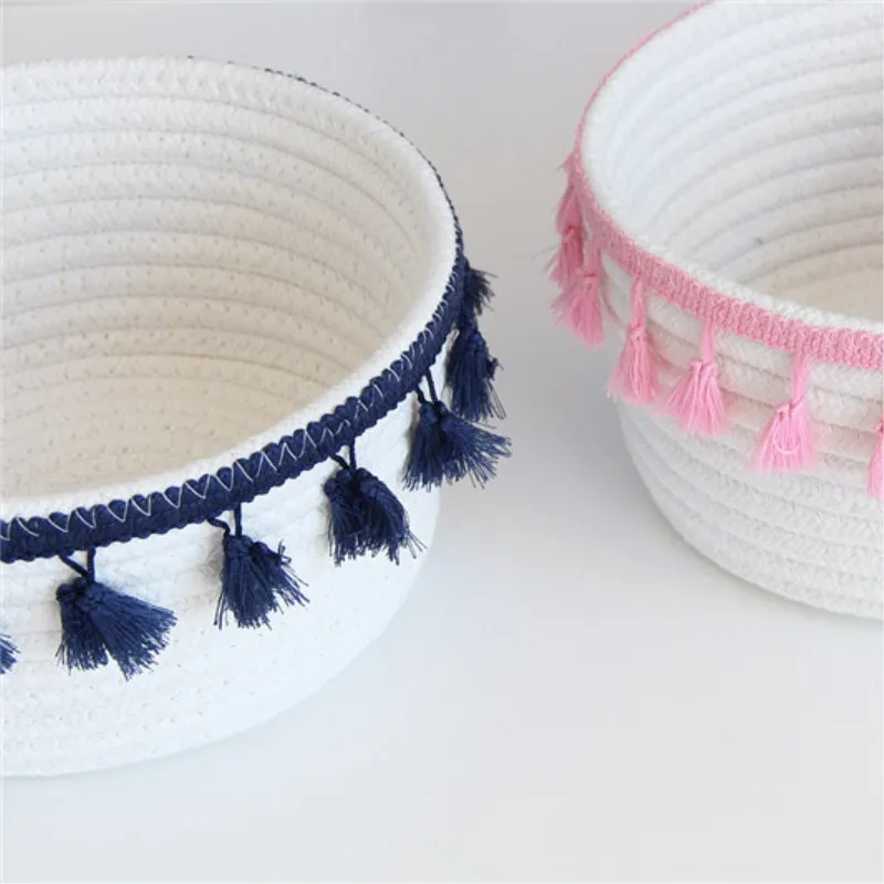 Cotton Rope Storage Baskets With Tassel Handmade Woven Dirty Clothes Laundry Basket Kids Toy Desktop Sundries Organizer Hamper