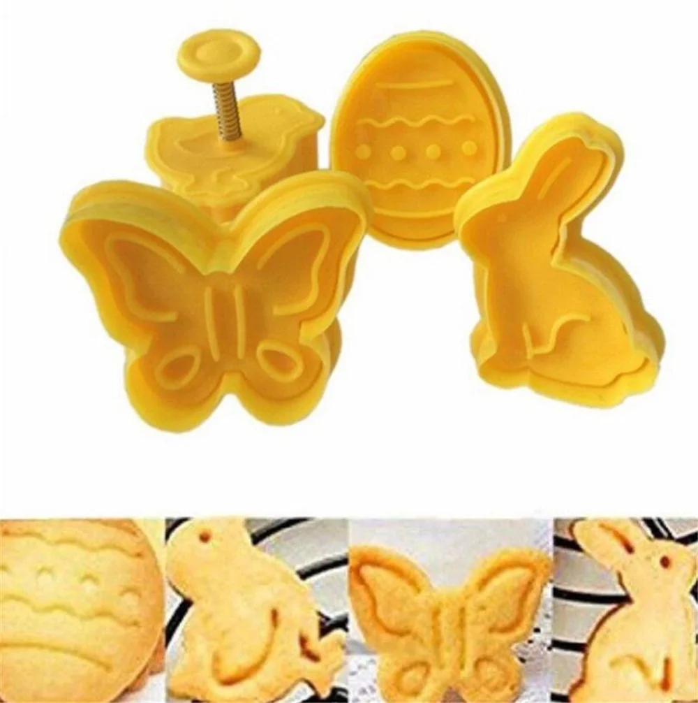 Hot 300pcs/lot 4pcs/set Butterfly,Rabbit,Chick,Easter Egg Shape Animal Plastic Fondant Cookie Cutter Biscuit Cake Mold