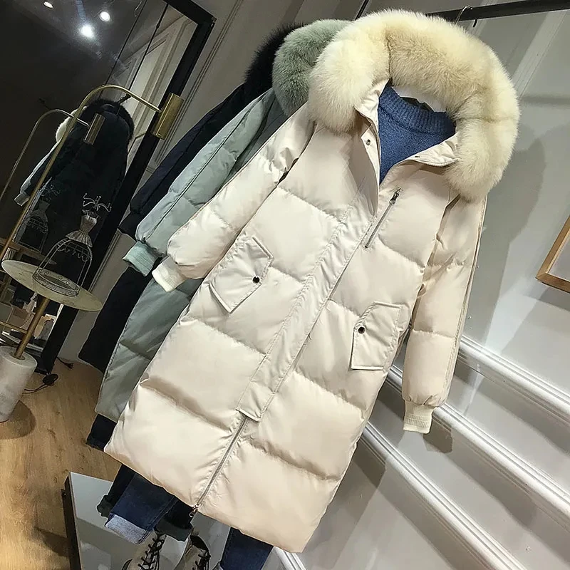 Lagabogy Long Puffer Jacket Women 2021  Real Fur Hooded 90% Duck Down Coat Windproof and thickened to keep warm Female  Parkas