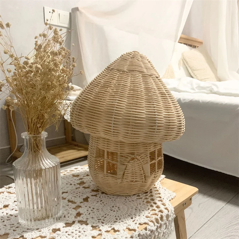 Vintage Handmade Rattan Weaven Mushroom House Kids Room Decoration Nordic Children Bedroom Kindergarte Light Ornament Basket