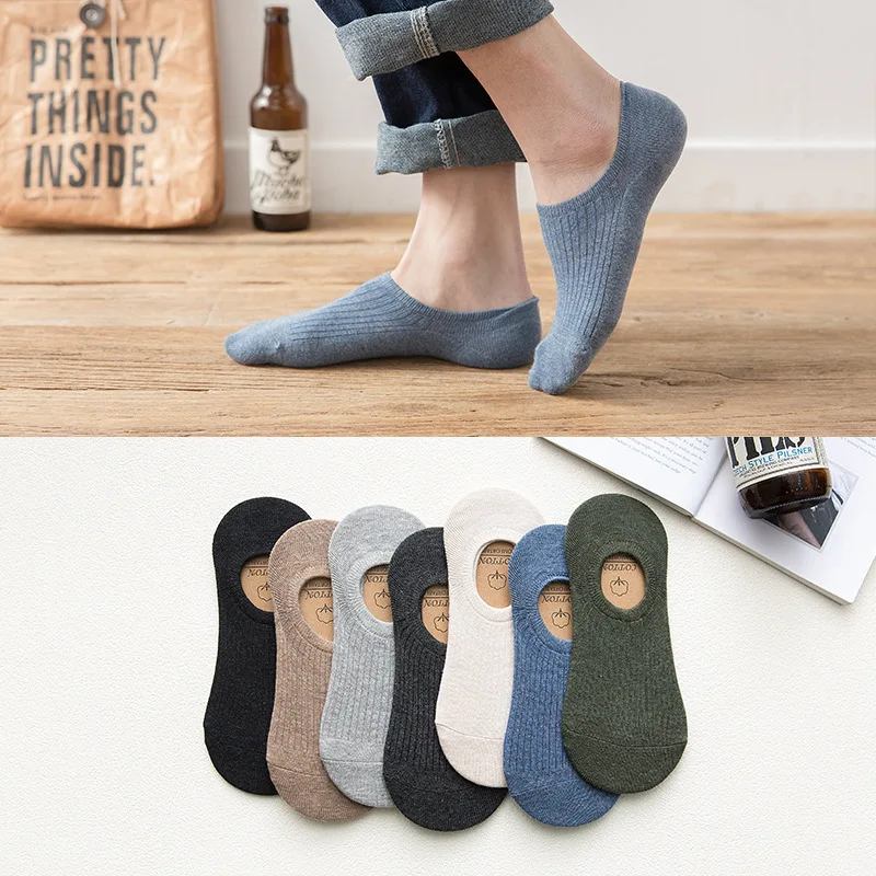 10 Pieces=5 Pairs/Pack Men Invisible Socks Set Cotton Non-Slip Silicone Spring Summer Solid Color Business Low Socks Slippers