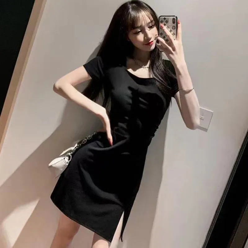 Sexy Black Dresses Women Side-slit Square Collar Club Party Dress Office Lady Elegant Slim A-line Elastic Vestidos Streetwear