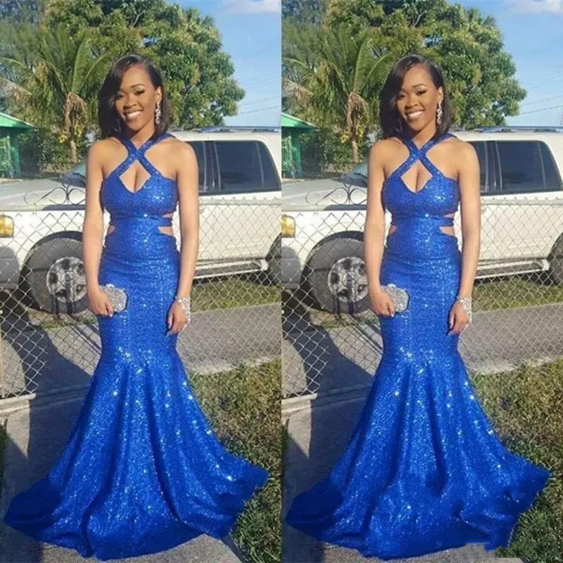 Custom Royal Blue Sequined Prom Dresses 2020 Long Cutaway Sides Mermaid Evening Dress Sexy Back Shinning Party Dress