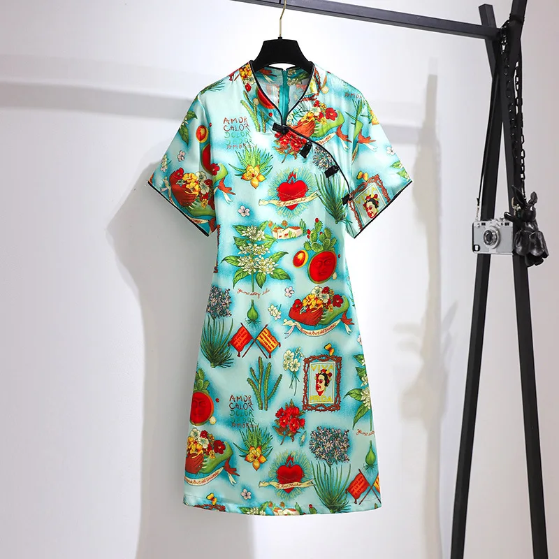 New 2021 Ladies Chinese Summer Plus Size Dresses For Women Large Short Sleeve Slim Floral Print Mini Dress 3XL 4XL 5XL 6XL 7XL