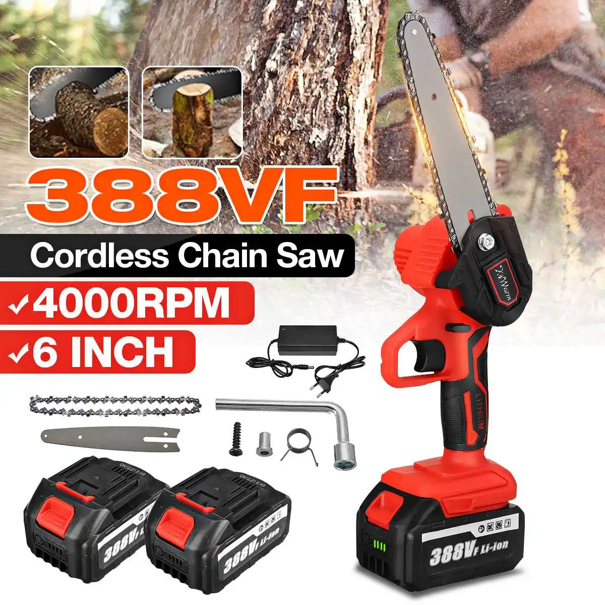 

6 Inch 388V 3000W Mini Electric Chain Saw With 2Pcs Battery Woodworking Pruning Chainsaw One-handed Garden Logging Power Tools