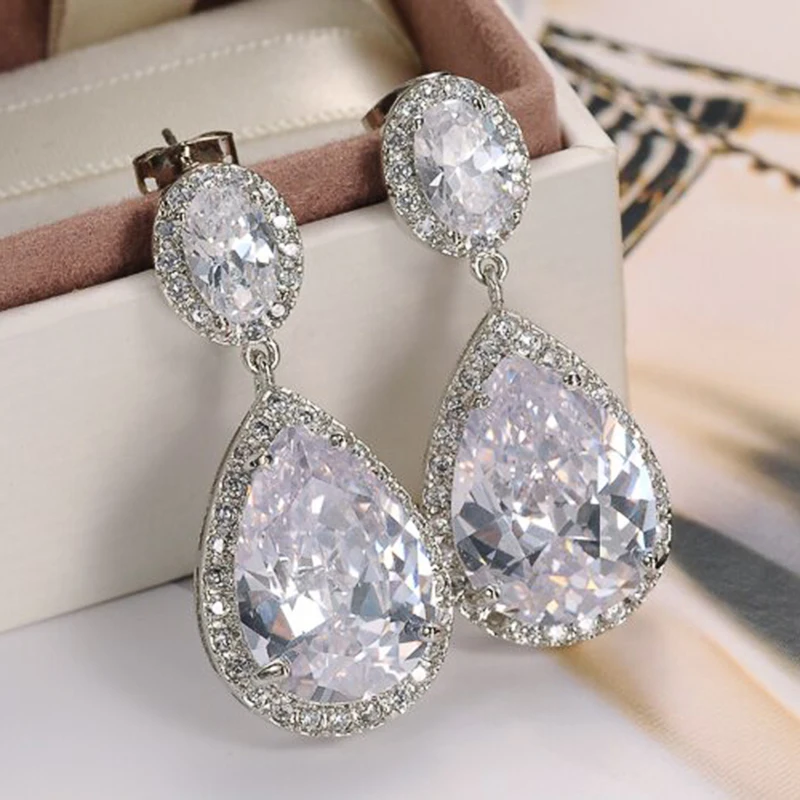 Huitan Eternity Wedding Earrings for Women Brilliant Crystal Pear Cubic Zirconia Anniversary Love Gift Luxury Jewelry Wholesale