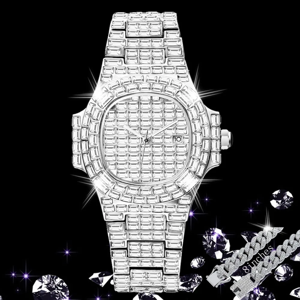 

Classic 40mm Watch for Men Hip Hop Baguette Diamond Mens Watches Iced Out Luxury Quartz Wristwatch Man Crystal Bracelet Jewelry