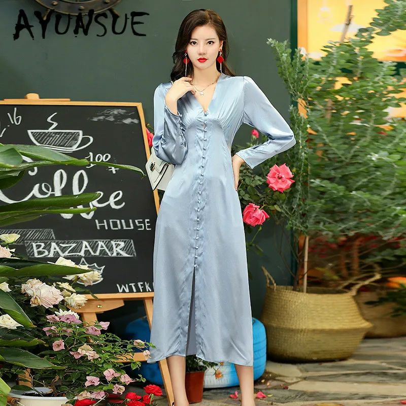 

100% Real Silk Dress 2020 Spring Autumn Vintage Elegant Midi Dress Women Clothes Ladies Dresses Party Dress Vestidos 5826 YY2856