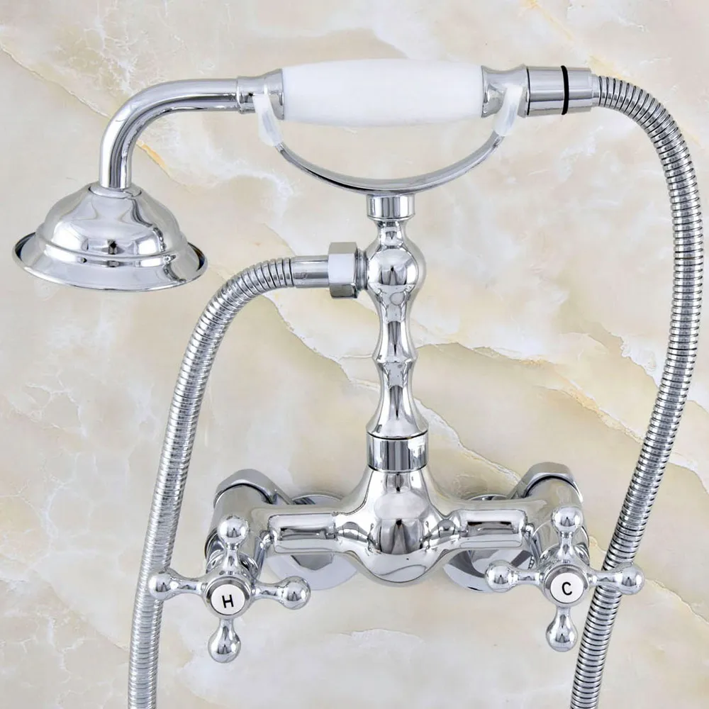 

Modern Silver Chrome Brass Adjusts From 3-3/8" Wall Mount Bathtub Faucet with Handheld Shower Set +1500MM Hose Mixer Tap 2qg428